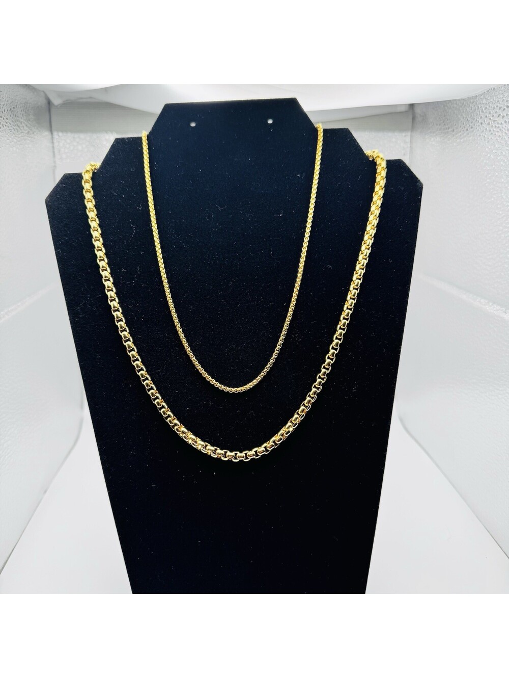 Unisex Two 22 Inch Gold Tone Box Chains, 5mm and 2mm Width, Gift Boxes.